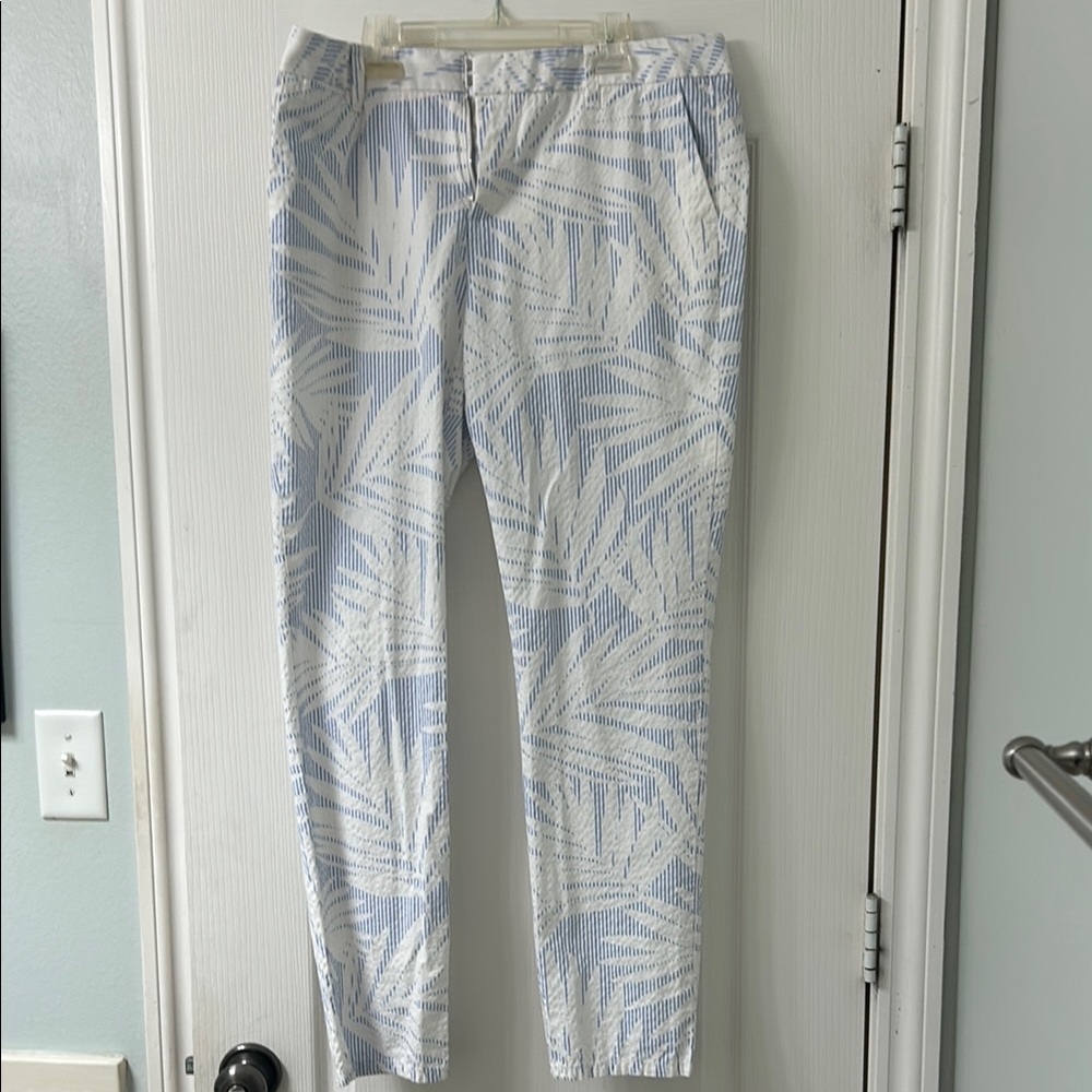 Tommy Hilfiger blue and white palm tree patterned seersucker dress pants